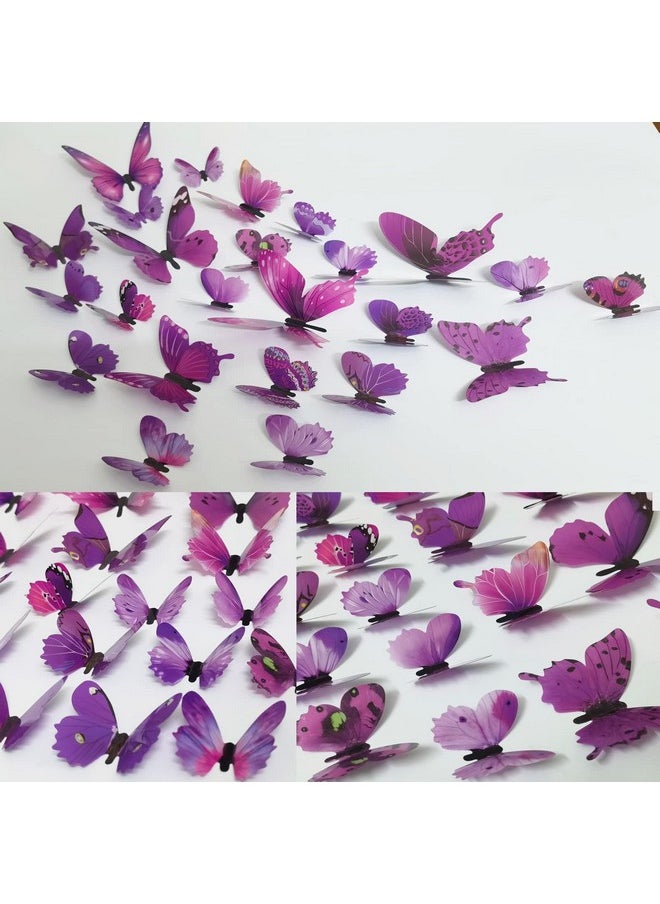 Ewong Butterfly Wall Decals 24Pcs Room Decor Wall Art 3D Butterflies Mural Sticker Home Decoration Kid Girl Bedroom Bathroom Nursery Classroom Office Party Removable Decorative (Purple)  - Image 4