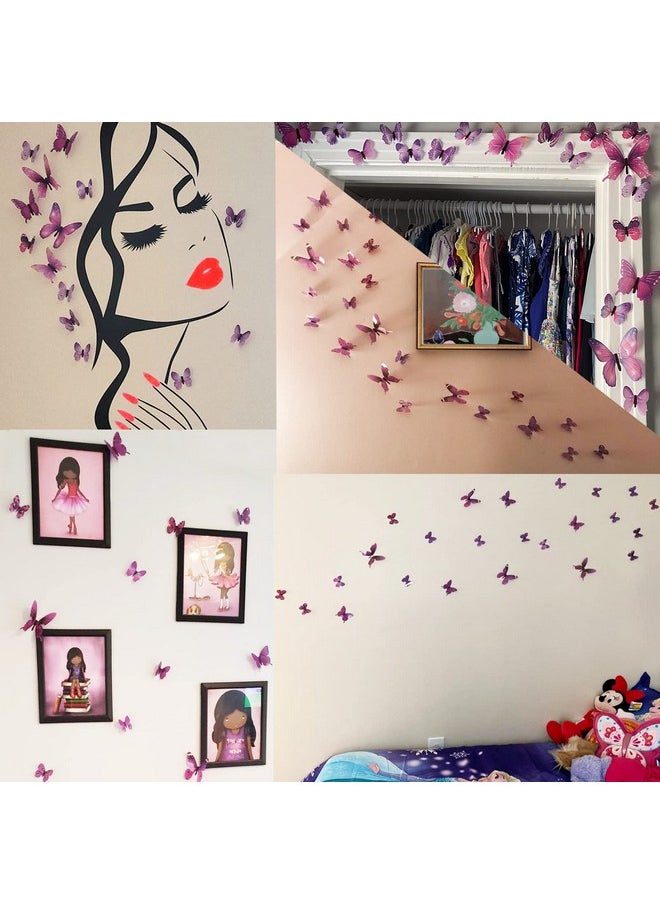 Ewong Butterfly Wall Decals 24Pcs Room Decor Wall Art 3D Butterflies Mural Sticker Home Decoration Kid Girl Bedroom Bathroom Nursery Classroom Office Party Removable Decorative (Purple)  - Image 2