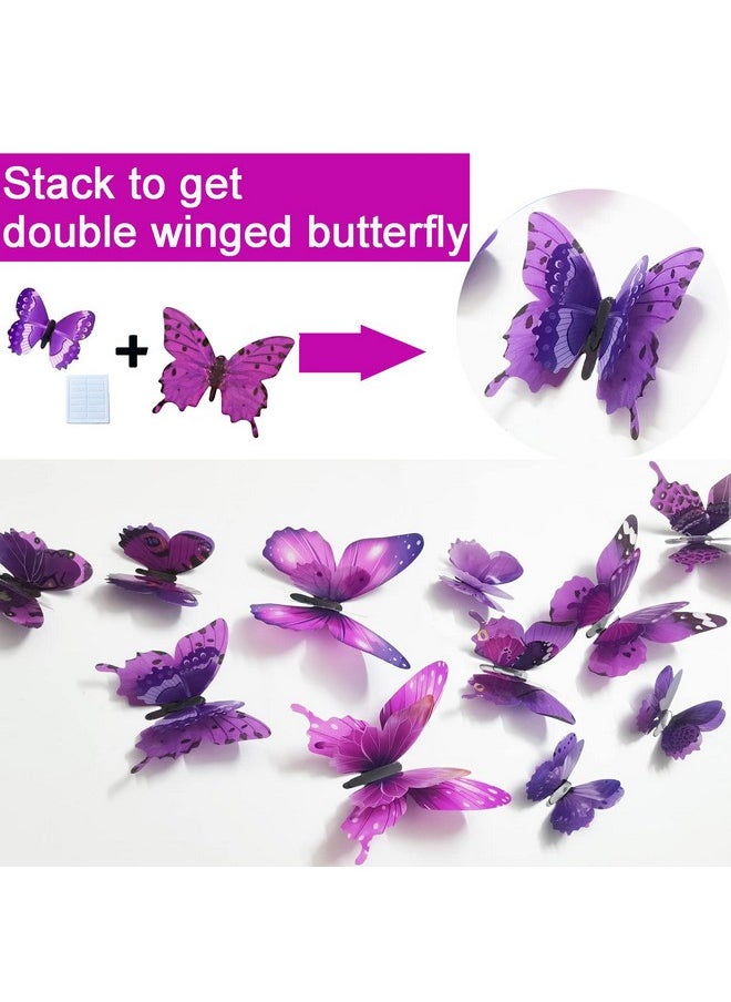 Ewong Butterfly Wall Decals 24Pcs Room Decor Wall Art 3D Butterflies Mural Sticker Home Decoration Kid Girl Bedroom Bathroom Nursery Classroom Office Party Removable Decorative (Purple)  - Image 3