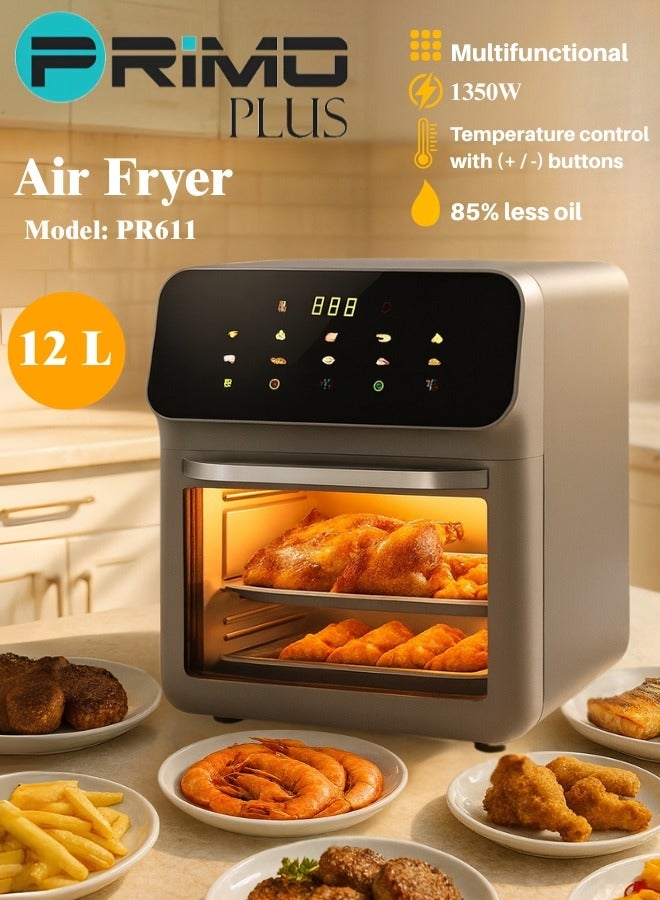 PRIMO PLUS Electric Air Fryer PR611 – Large 12L Capacity – 1350W Power – Smart LED Screen with Multiple Programs – Healthy Oil-Free Cooking – Hot Air Circulation System – Touch Temperature Control – Perfect for Frying, Grilling, Baking & Toasting – Elegant Black Design - Image 1