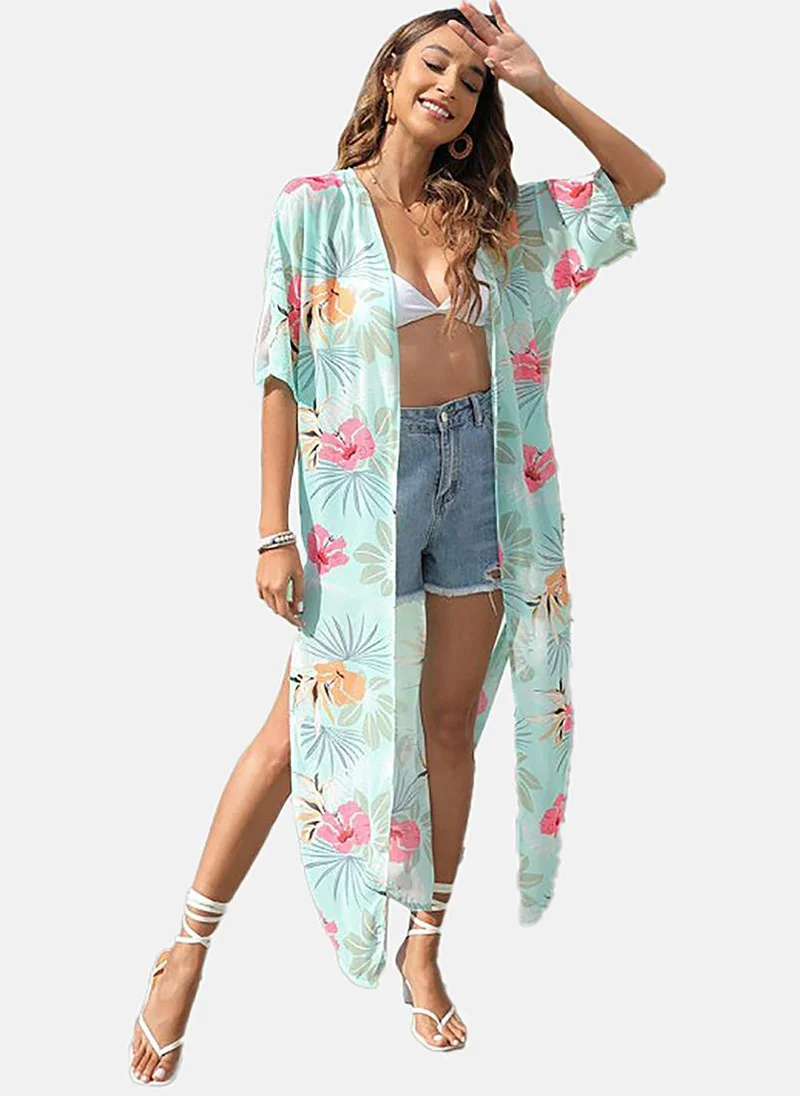 يونيكي Blue Printed Relaxed Fit Open front Shrugs