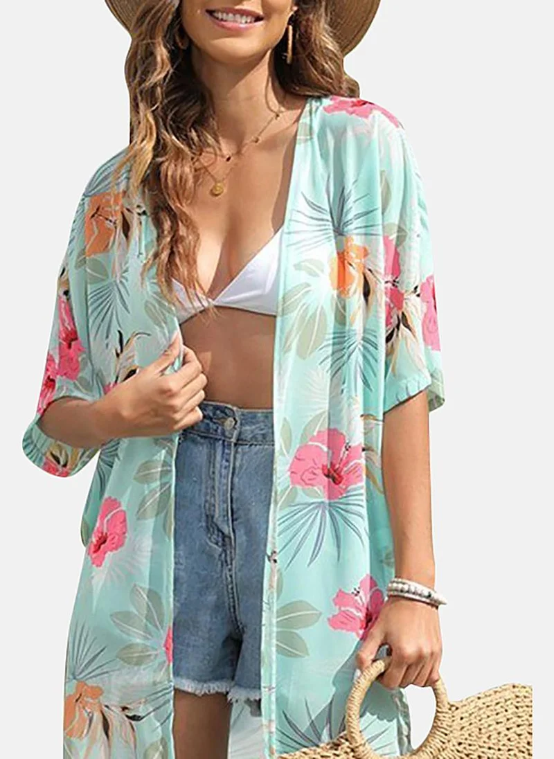 YUNIQEE Blue Printed Relaxed Fit Open front Shrugs