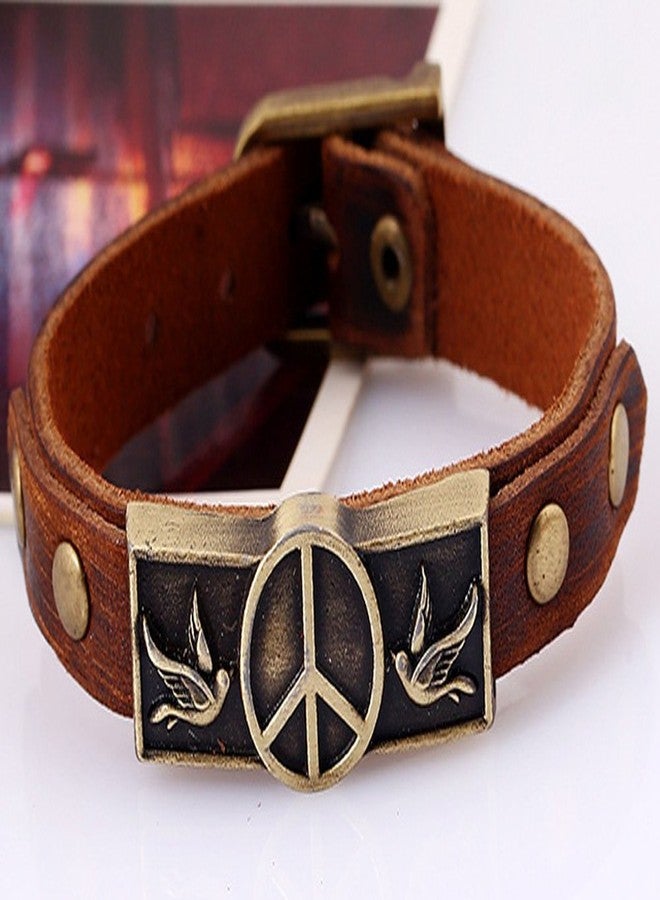 Hamoery Men Punk Leather Buckle World Peace Alloy Cuff Bracelet Bangle Wristband(Peace) - Image 3