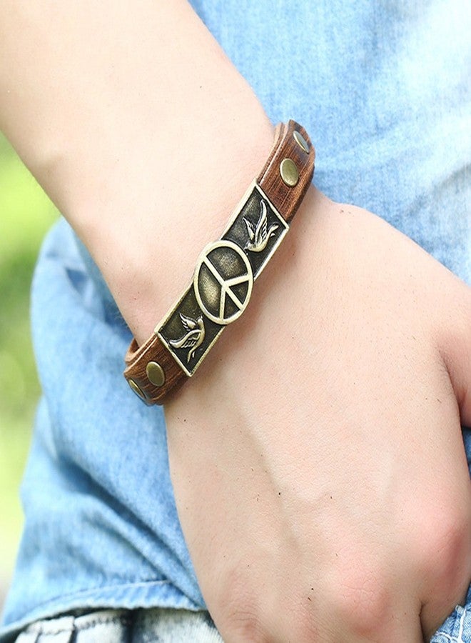 Hamoery Men Punk Leather Buckle World Peace Alloy Cuff Bracelet Bangle Wristband(Peace) - Image 5
