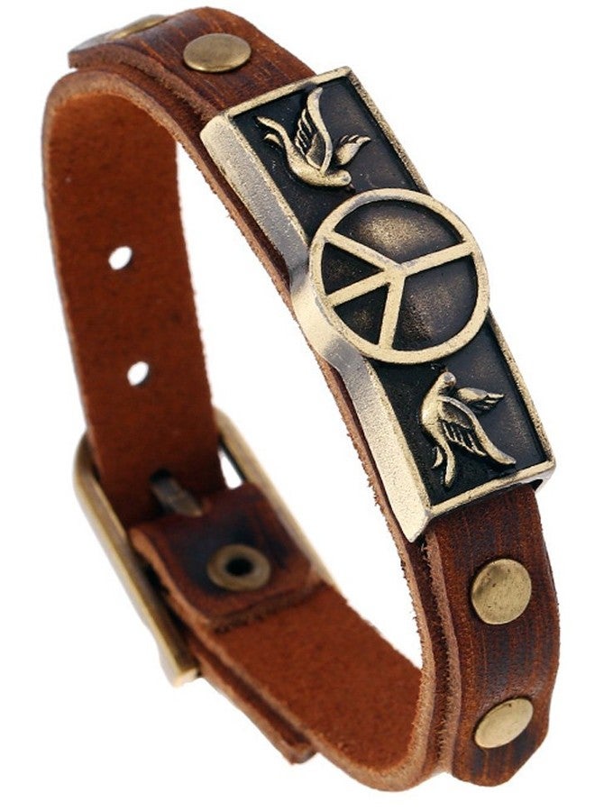 Hamoery Men Punk Leather Buckle World Peace Alloy Cuff Bracelet Bangle Wristband(Peace) - Image 2
