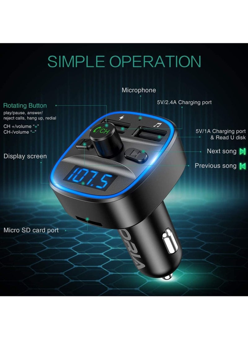 Oria Bluetooth FM Transmitter for Cars 2021 Enhanced Wireless Car Radio Kit Universal Car Charger with Dual USB Charging Hands-Free Calling Music Player Supports TF Card and USB Disk