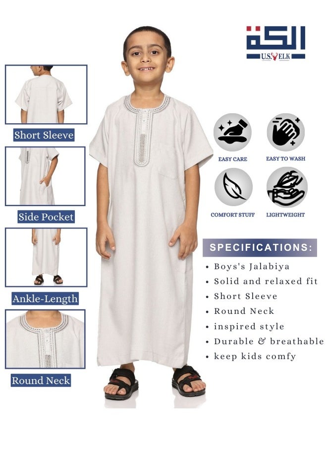 U.S. ELK Boys' Round Neck Short Sleeve Jalabiya | Comfortable and Stylish Kaftan-Inspired Thobe   - Light Grey  - Image 2