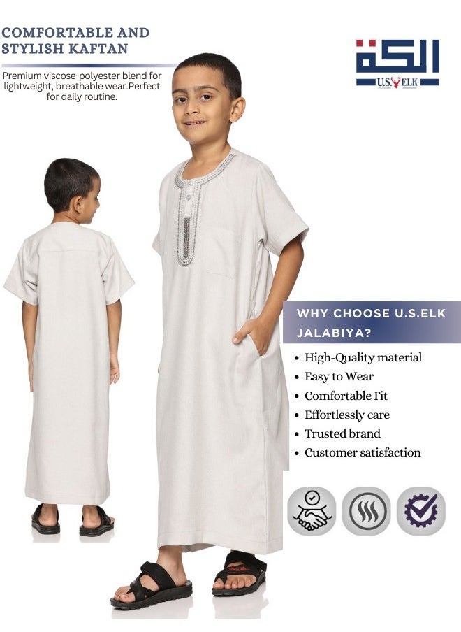 U.S. ELK Boys' Round Neck Short Sleeve Jalabiya | Comfortable and Stylish Kaftan-Inspired Thobe   - Light Grey  - Image 3
