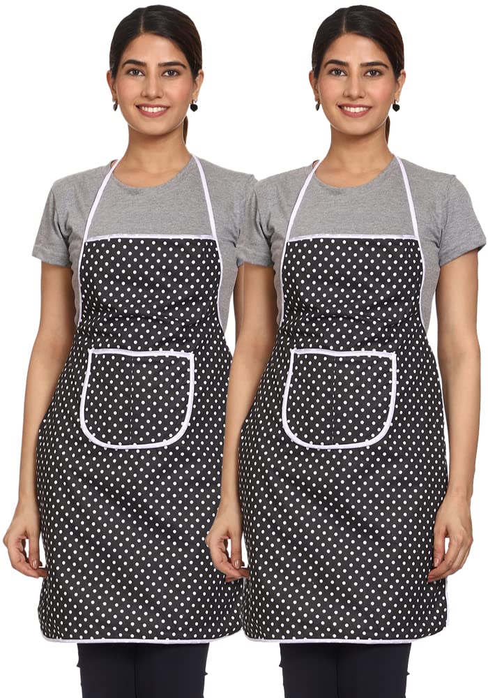 JMi Polyester Fabric Polka Dot Waterproof Apron with Long Ties & Multipurpose Large Pocket Free Size For Cooking Dusting Home Kitchen Restaurant Multipurpose for Men & Women Unisex Apron. (BLACK, 2) - Image 1