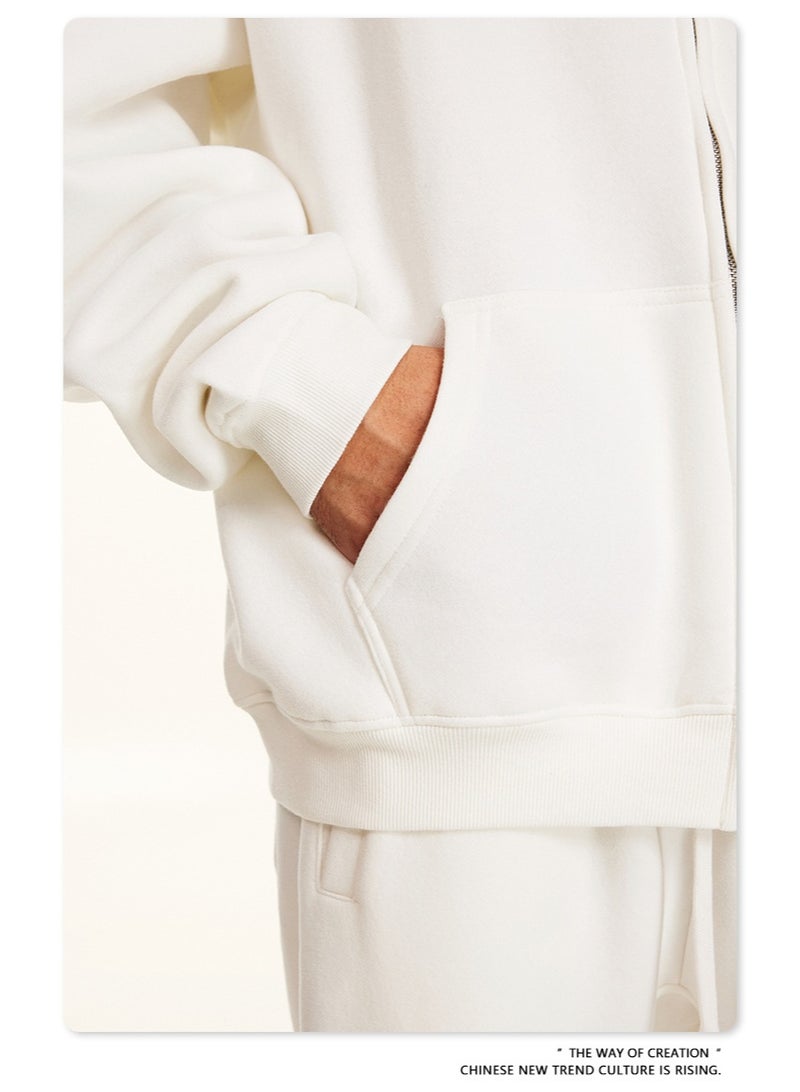 بى طقم من قطعتين: سويت شيرت بغطاء رأس بلون سادة مبطن بالصوف، وكارديجان فضفاض كاجوال، وبنطال رياضي (أبيض) - Image 5