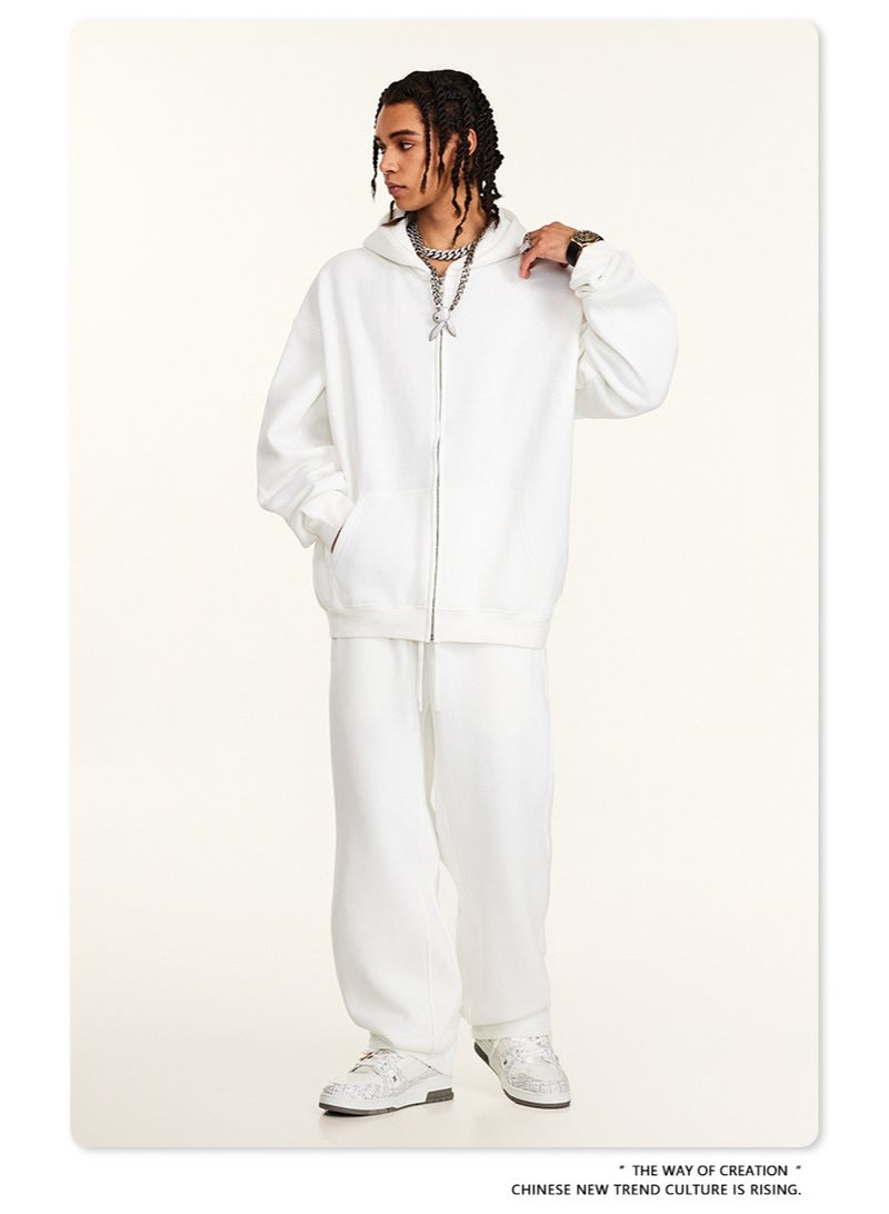 بى طقم من قطعتين: سويت شيرت بغطاء رأس بلون سادة مبطن بالصوف، وكارديجان فضفاض كاجوال، وبنطال رياضي (أبيض) - Image 2