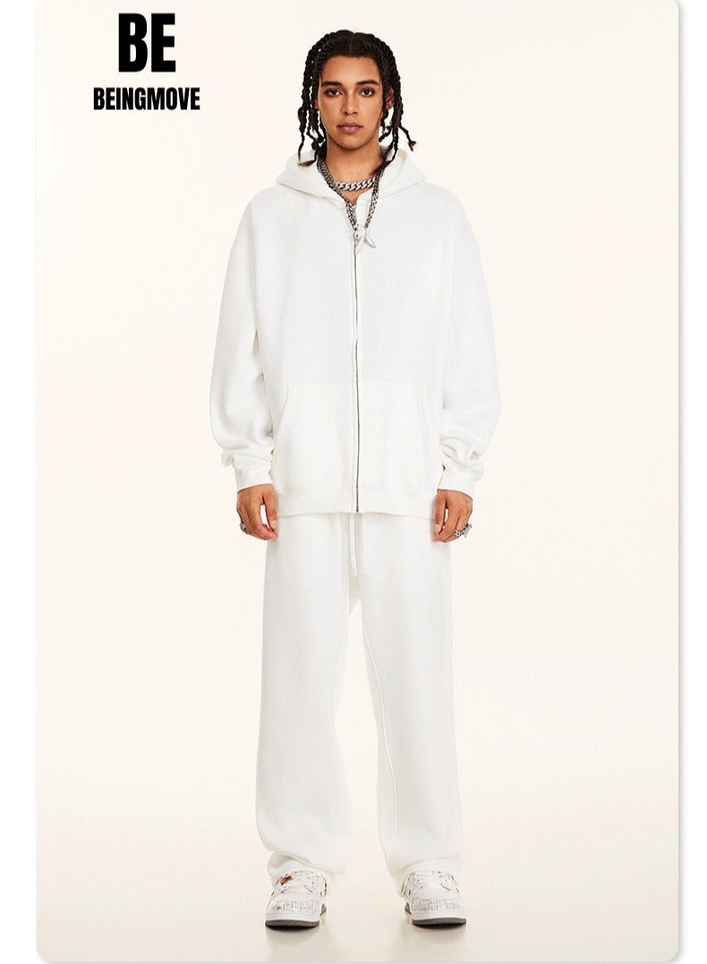بى طقم من قطعتين: سويت شيرت بغطاء رأس بلون سادة مبطن بالصوف، وكارديجان فضفاض كاجوال، وبنطال رياضي (أبيض) - Image 1