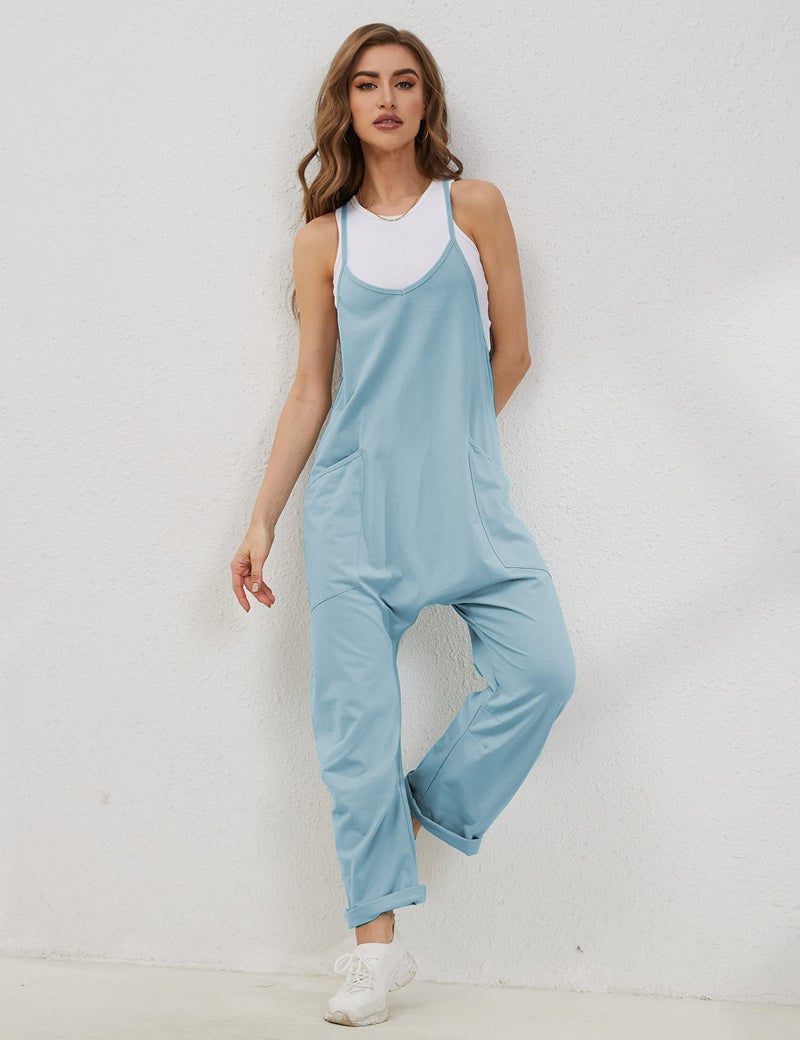 Lentta Women's Causal Jumpsuits V Neck Sleeveless Harem Overalls Stretchy Adjustable Strap Romper with Pockets(LightBlue-M) - Image 2