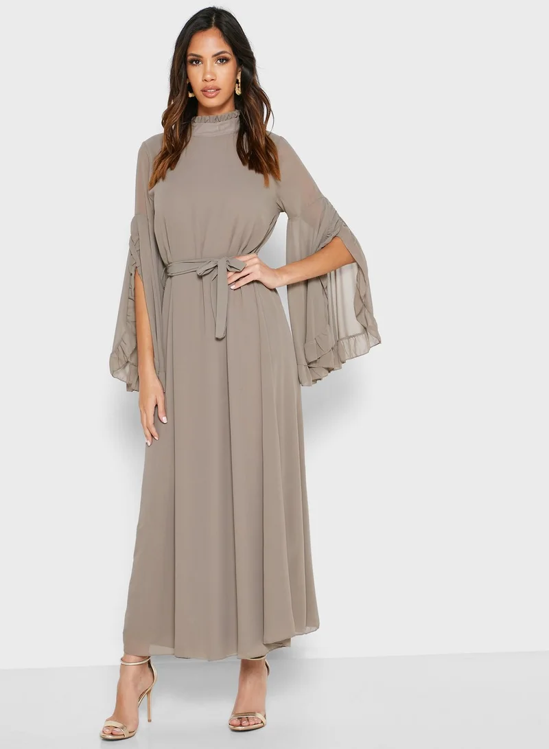 MELA LONDON High Neck Tie Waist Ruffle Detail Dress