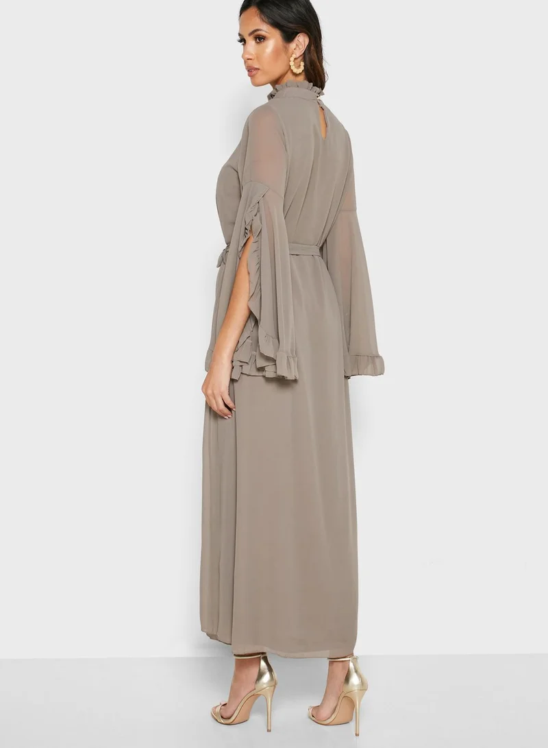 MELA LONDON High Neck Tie Waist Ruffle Detail Dress