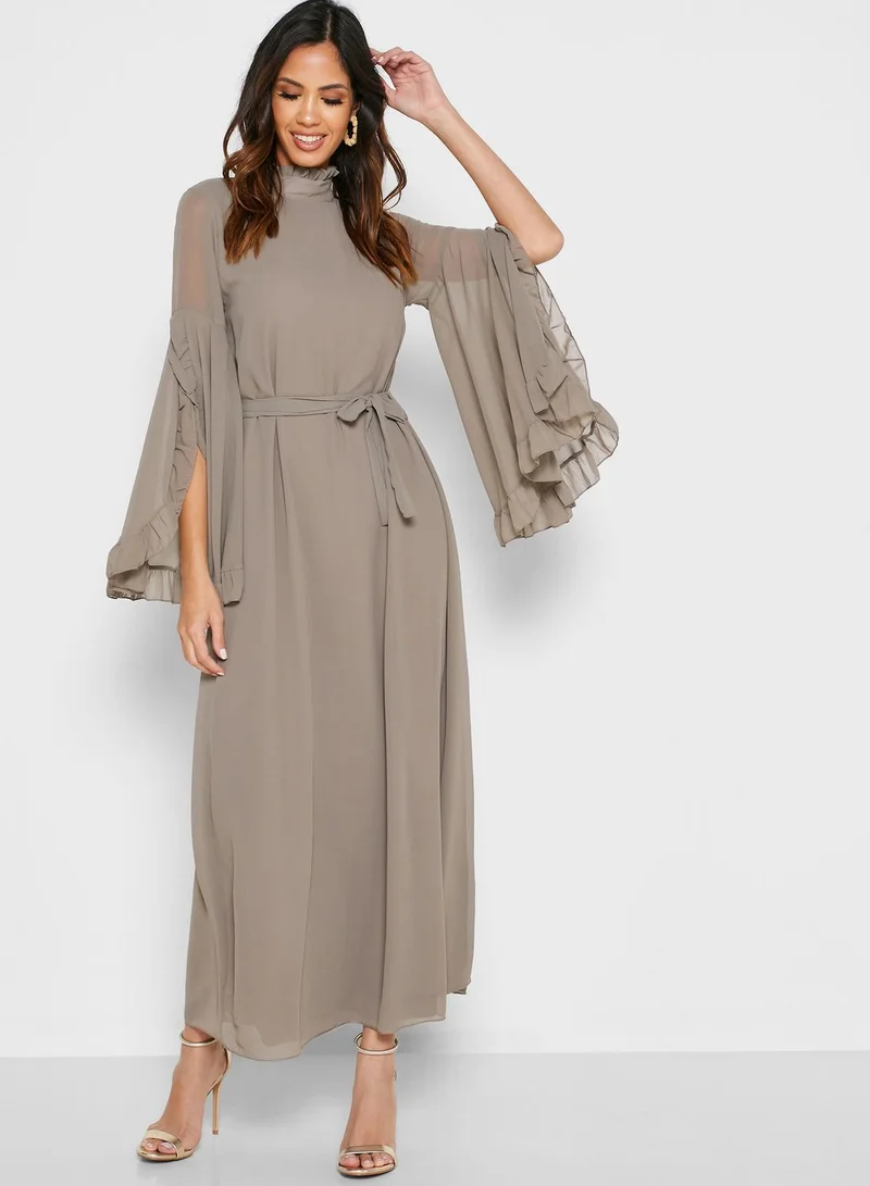 MELA LONDON High Neck Tie Waist Ruffle Detail Dress