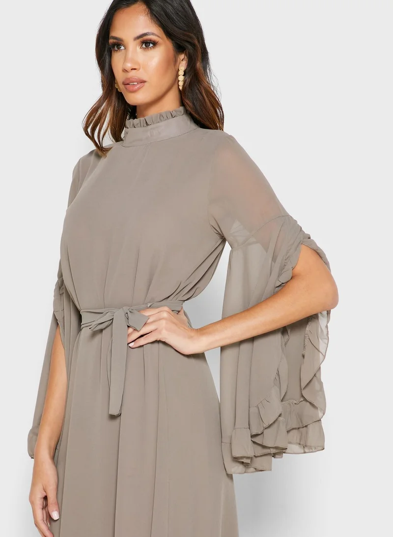 MELA LONDON High Neck Tie Waist Ruffle Detail Dress