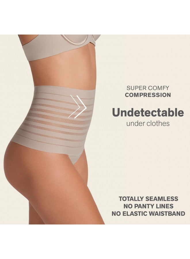 Leonisa Seamless High Waisted Thong Panty with Lace Stripe for Women - Slimming Tummy Control Underwear Beige - Image 1