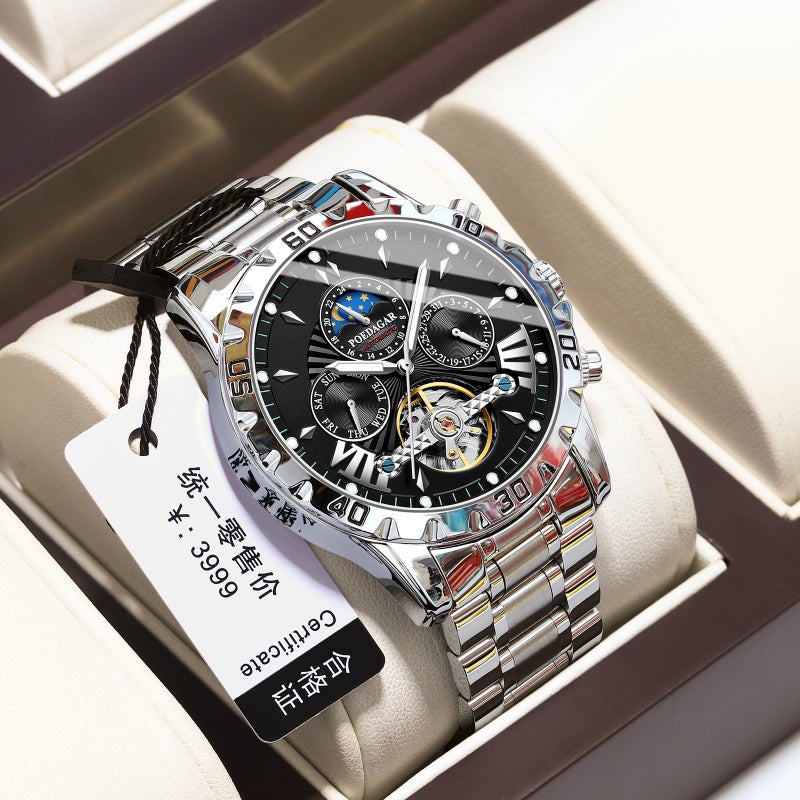 Swiss Brand Waterproof Automatic Mens Watch P1410 silver shell black surface steel belt