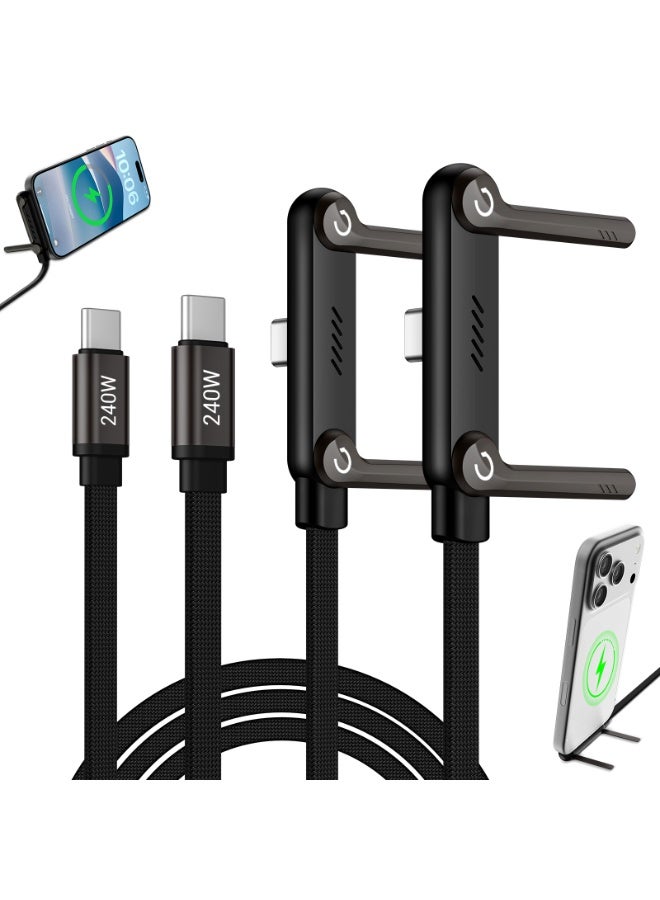 XIMAND كابل شحن مخفي بحامل، كابل شحن سريع بقدرة 240 واط للمكتب، كابل USB-C إلى USB-C بطول 4.9 قدم مع حامل معدني قابل للدوران 360 درجة، شاحن وحامل 2 في 1 للألعاب والمكتب والمنزل، عبوة من قطعتين - Image 1