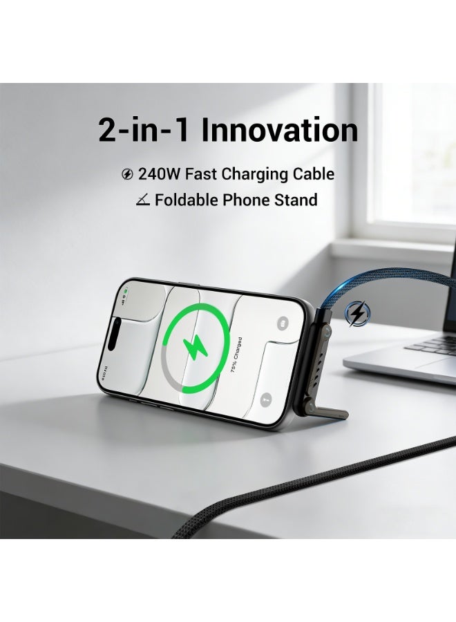 XIMAND كابل شحن مخفي بحامل، كابل شحن سريع بقدرة 240 واط للمكتب، كابل USB-C إلى USB-C بطول 4.9 قدم مع حامل معدني قابل للدوران 360 درجة، شاحن وحامل 2 في 1 للألعاب والمكتب والمنزل، عبوة من قطعتين - Image 2
