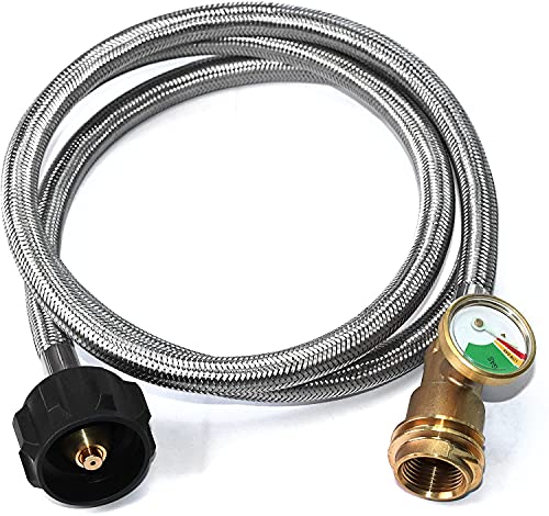 DOZYANT 5 Feet Propane Tank Extension Hose Braided with Gauge -Leak Detector Replacement for Gas Grill, Heater and All Other Propane Appliances, Acme to Male QCC/POL Fittings - Image 1