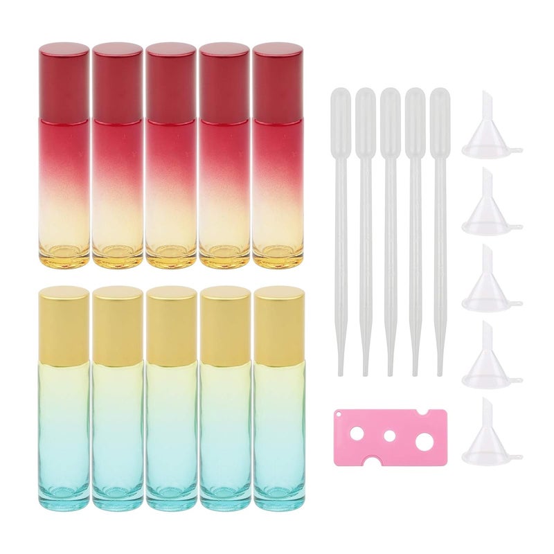 NewZoll 10ml Roll On Bottle Set,10Pcs Gradient Glass Rolling Bottles with 5 Funnels, 5 Droppers, 1 Opener, Roller Bottles Vials for Essential Oil Perfume Lip Balms, 21Pack Yellow Blue & Red Yellow 