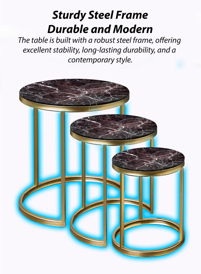 DBLEW 3 Pieces Modern Stackable Round Nesting Table Set Luxury Minimalist Stacking Coffee Tables With 3mm Faux Black Marble Glass Tabletop And Gold Steel Frame Accent Tables End Tables Side Tables For Home Office Living Room Hall And Small Spaces Sofa Centre Teapoy Table - Image 3