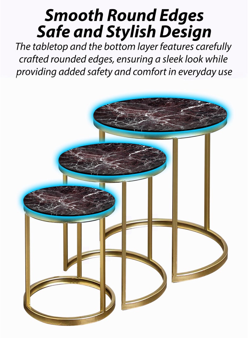 DBLEW 3 Pieces Modern Stackable Round Nesting Table Set Luxury Minimalist Stacking Coffee Tables With 3mm Faux Black Marble Glass Tabletop And Gold Steel Frame Accent Tables End Tables Side Tables For Home Office Living Room Hall And Small Spaces Sofa Centre Teapoy Table - Image 4