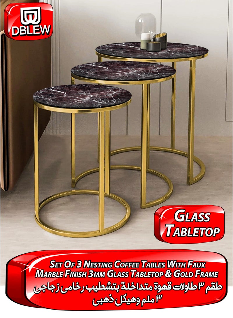 DBLEW 3 Pieces Modern Stackable Round Nesting Table Set Luxury Minimalist Stacking Coffee Tables With 3mm Faux Black Marble Glass Tabletop And Gold Steel Frame Accent Tables End Tables Side Tables For Home Office Living Room Hall And Small Spaces Sofa Centre Teapoy Table - Image 1