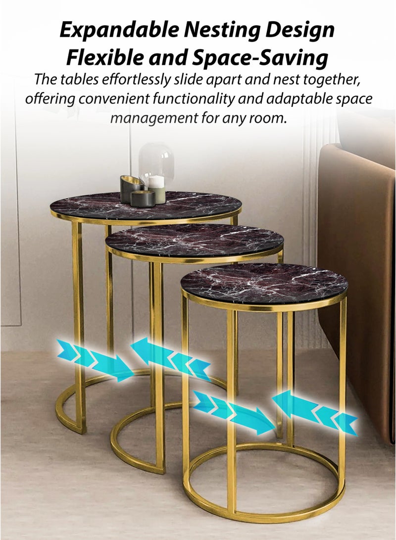 DBLEW 3 Pieces Modern Stackable Round Nesting Table Set Luxury Minimalist Stacking Coffee Tables With 3mm Faux Black Marble Glass Tabletop And Gold Steel Frame Accent Tables End Tables Side Tables For Home Office Living Room Hall And Small Spaces Sofa Centre Teapoy Table - Image 5