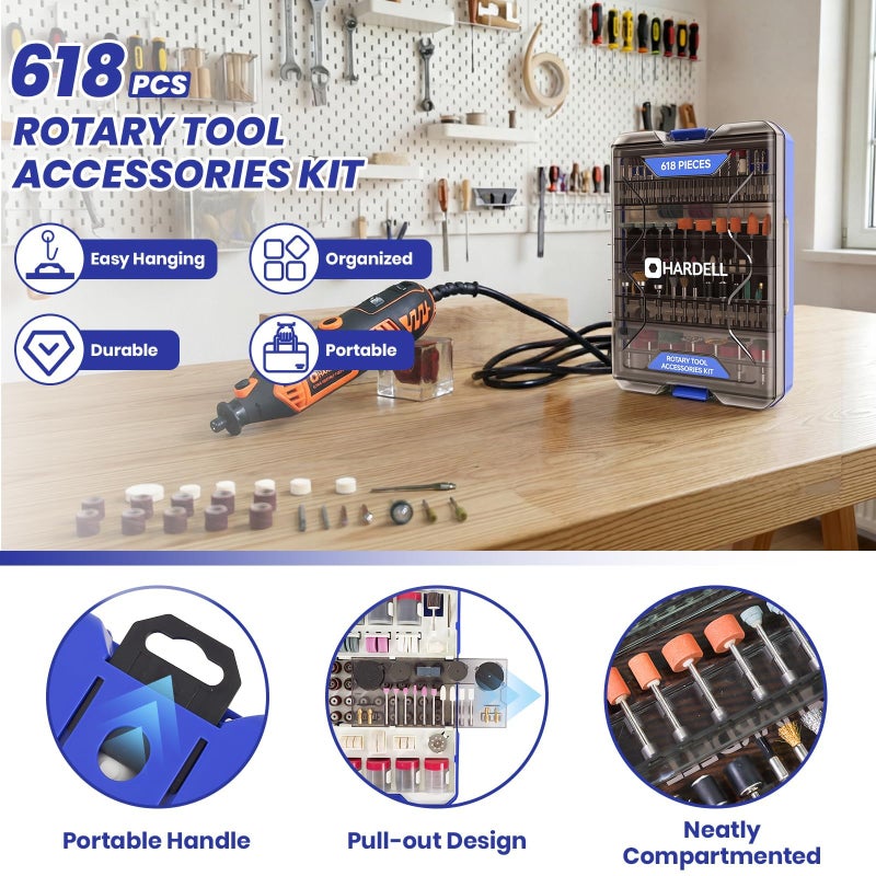 HARDELL 618PCS Rotary Tool Accessories, Rotary Tool Attachment with 1/8" Diameter Shanks, Fits Dremel Rotary Tools, Universal Bits for Sanding, Cutting, Polishing, Grinding, Drilling, Engraving - Image 2