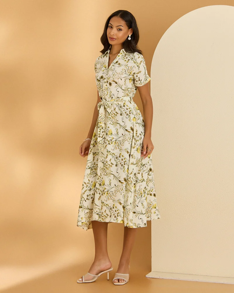 Redtag Women White and Green And Printed A Line Shirt Dress
