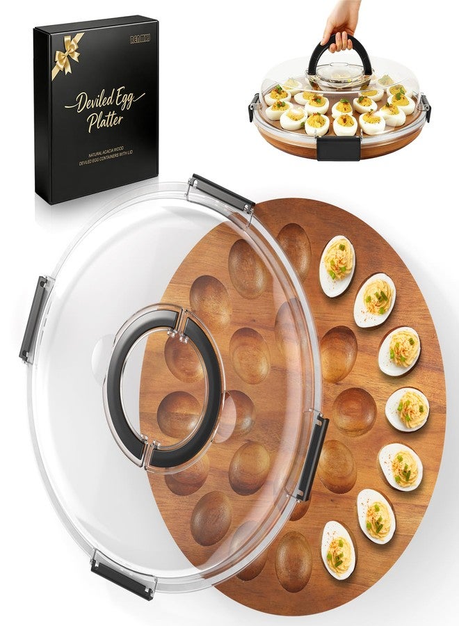 Renmxj Deviled Egg Containers with Lid (24 Eggs), 2026 Upgraded Acacia Wooden Deviled Egg Tray Platter for Party and Home Kitchen, The Lid is Dishwasher Safe (Black) - Image 1