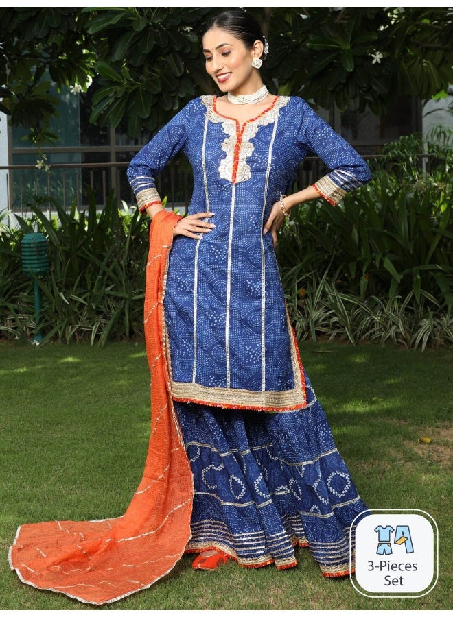 AKS Couture Ethnic Motif Printed Gotta Patti Pure Cotton Kurta & Sharara With Dupatta - Image 1