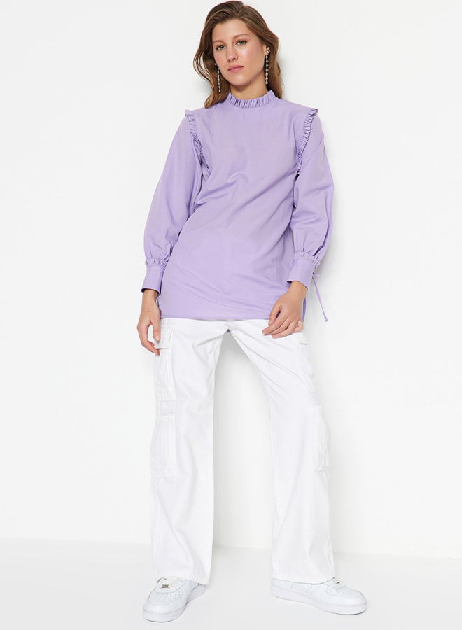 trendyol Lilac Shoulder and Cuff Frilly Woven Cotton Tunic - Image 2