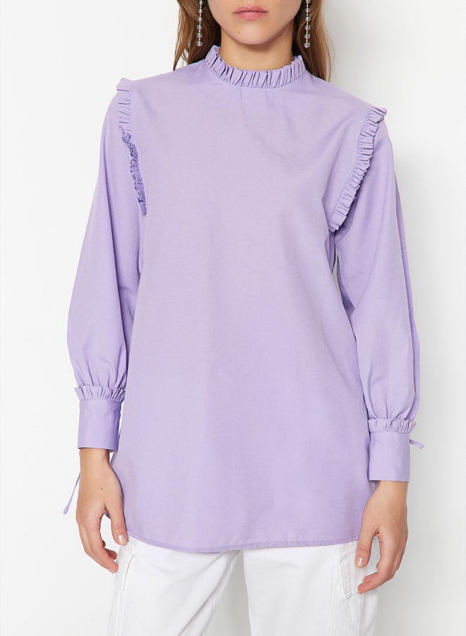 trendyol Lilac Shoulder and Cuff Frilly Woven Cotton Tunic - Image 3