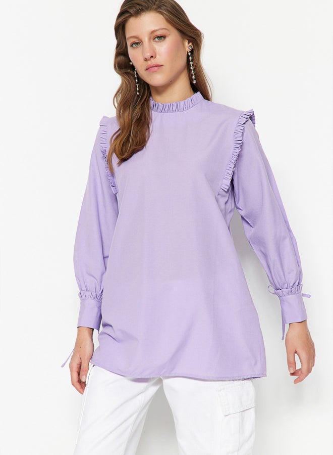 trendyol Lilac Shoulder and Cuff Frilly Woven Cotton Tunic - Image 4