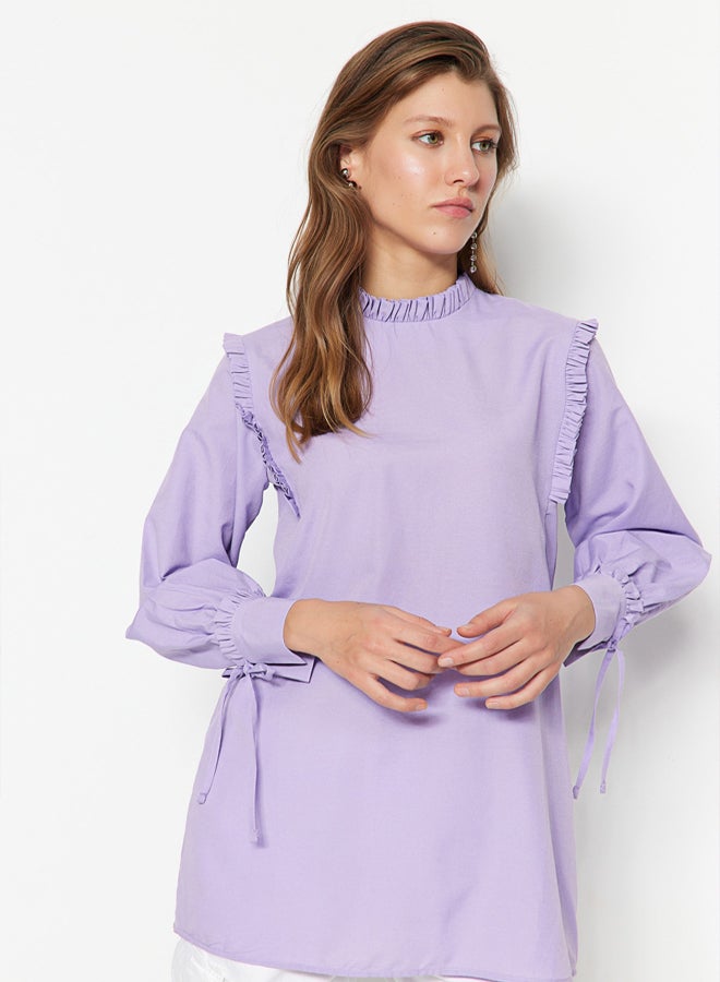 trendyol Lilac Shoulder and Cuff Frilly Woven Cotton Tunic - Image 1