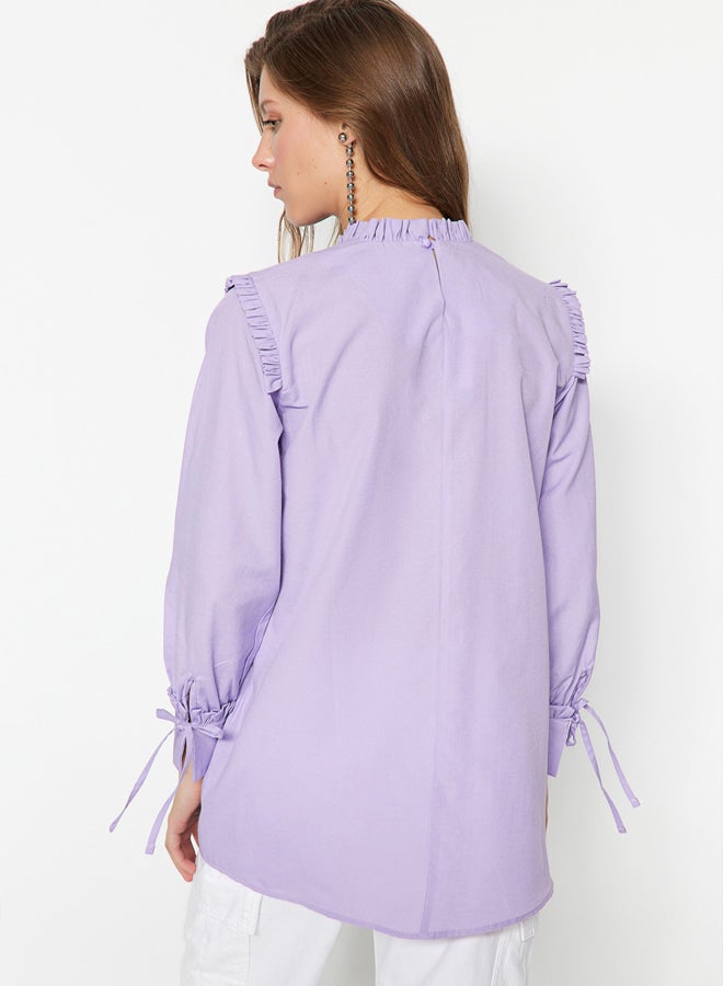 trendyol Lilac Shoulder and Cuff Frilly Woven Cotton Tunic - Image 5