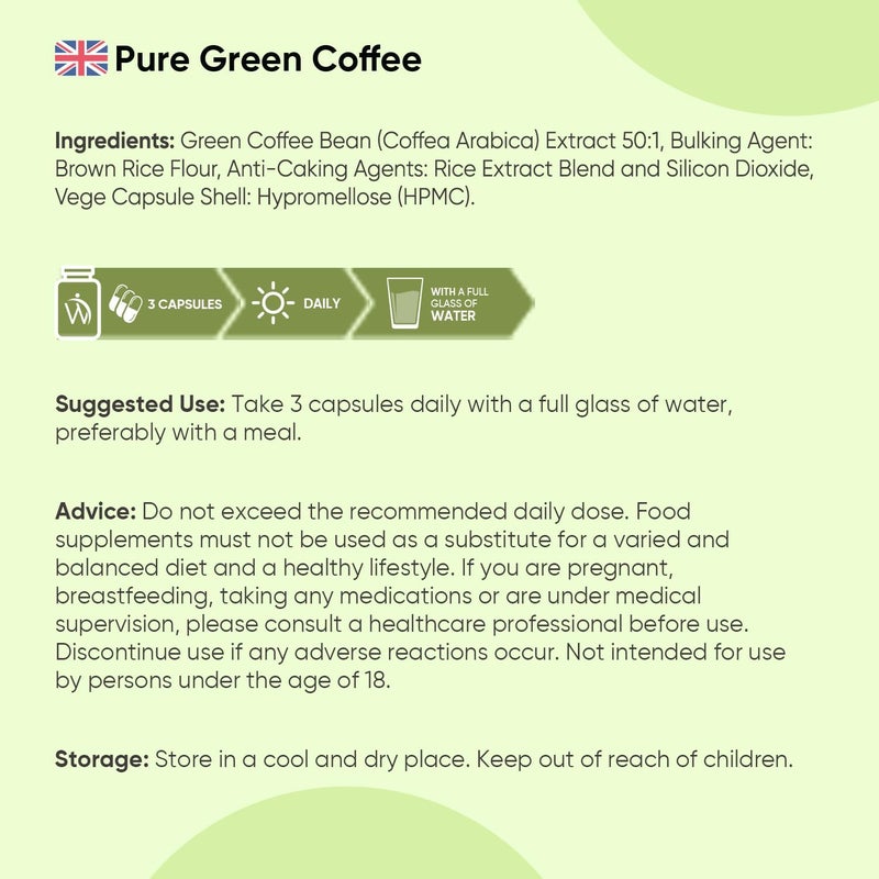 WeightWorld كبسولات القهوة الخضراء النقية 21000 ملغ لكل حصة 90 كبسولة قهوة خضراء غير محمصة نباتية مصدر طبيعي لحمض الكلوروجينيك صنع في بريطانيا - Image 5
