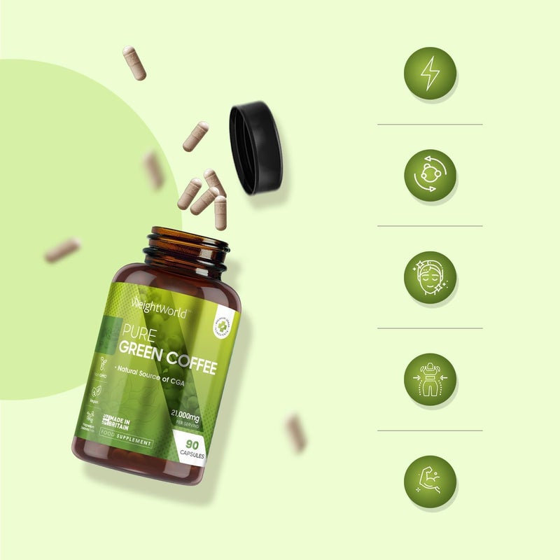 WeightWorld كبسولات القهوة الخضراء النقية 21000 ملغ لكل حصة 90 كبسولة قهوة خضراء غير محمصة نباتية مصدر طبيعي لحمض الكلوروجينيك صنع في بريطانيا - Image 3