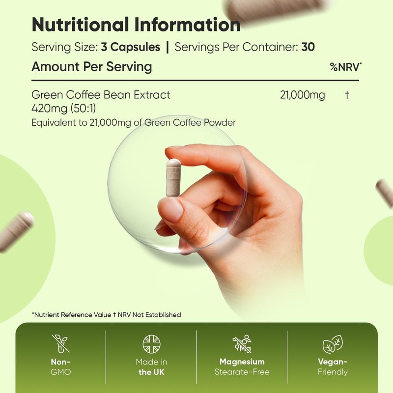WeightWorld كبسولات القهوة الخضراء النقية 21000 ملغ لكل حصة 90 كبسولة قهوة خضراء غير محمصة نباتية مصدر طبيعي لحمض الكلوروجينيك صنع في بريطانيا - Image 4