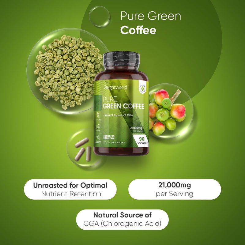 WeightWorld كبسولات القهوة الخضراء النقية 21000 ملغ لكل حصة 90 كبسولة قهوة خضراء غير محمصة نباتية مصدر طبيعي لحمض الكلوروجينيك صنع في بريطانيا - Image 2