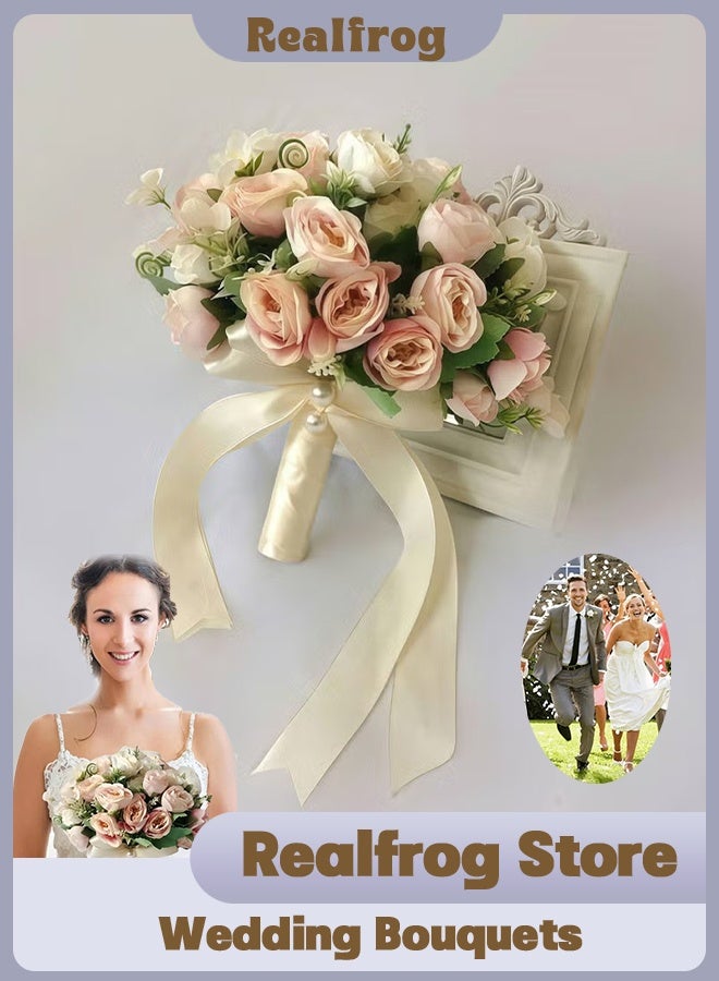 Realfrog Wedding Bouquets for Bride Bridesmaid Bouquet Champagne White Artificial Roses Flowers for Wedding Valentine's Day Church Home Decoration - Image 1