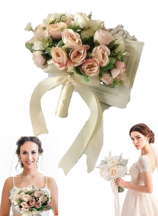 Realfrog Wedding Bouquets for Bride Bridesmaid Bouquet Champagne White Artificial Roses Flowers for Wedding Valentine's Day Church Home Decoration - Image 1