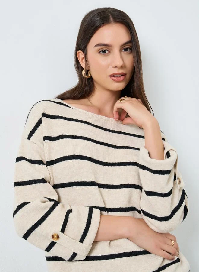 Take Two Take Two Beige Striped Boat Neck Sweater