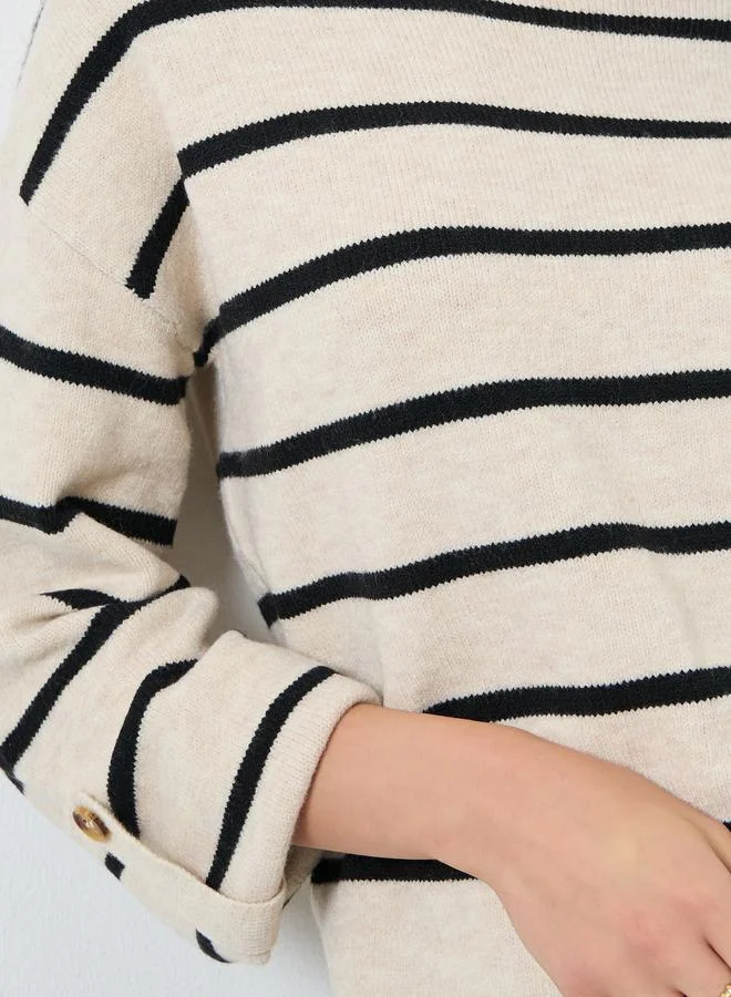 Take Two Take Two Beige Striped Boat Neck Sweater