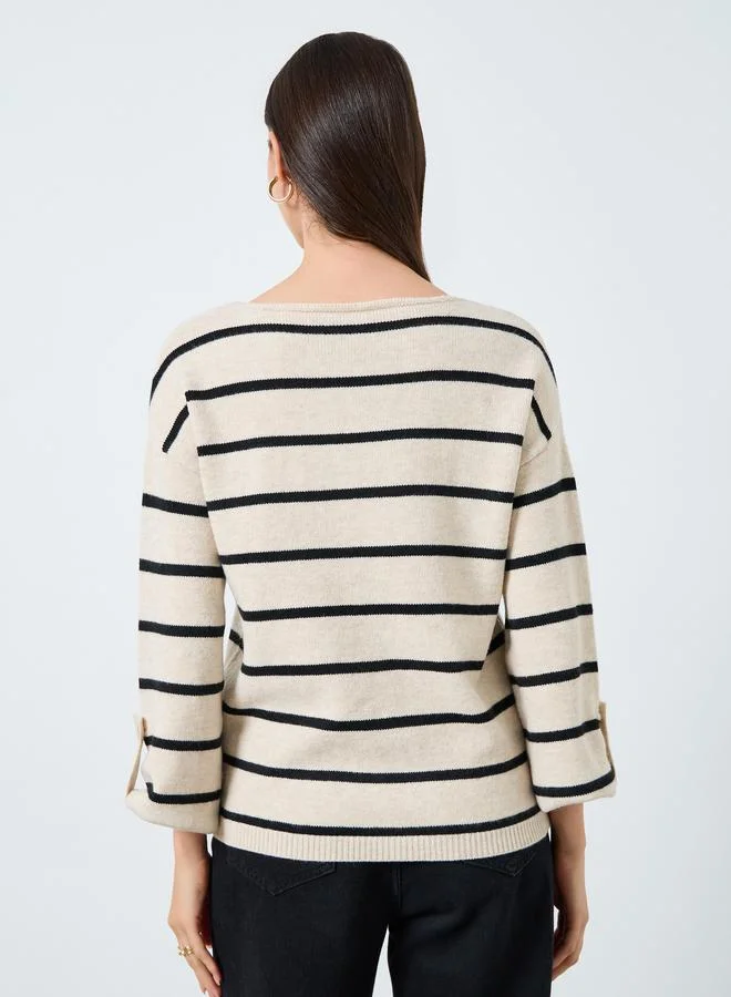 Take Two Take Two Beige Striped Boat Neck Sweater
