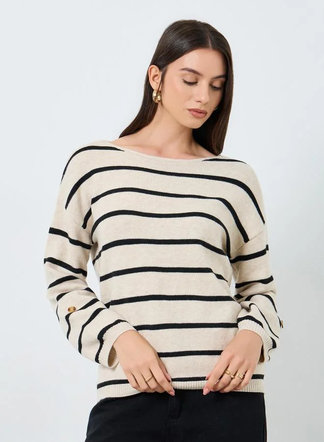 Take Two Take Two Beige Striped Boat Neck Sweater